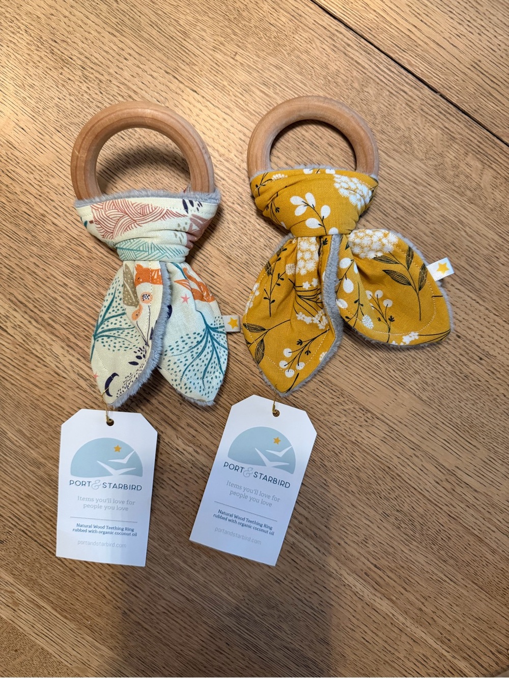 NWT port & starbird baby all natural wood and fabric teething rings - set of 2